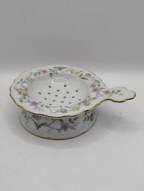 Vintage Porcelain Tea Strainer with Base, Hand Painted Floral